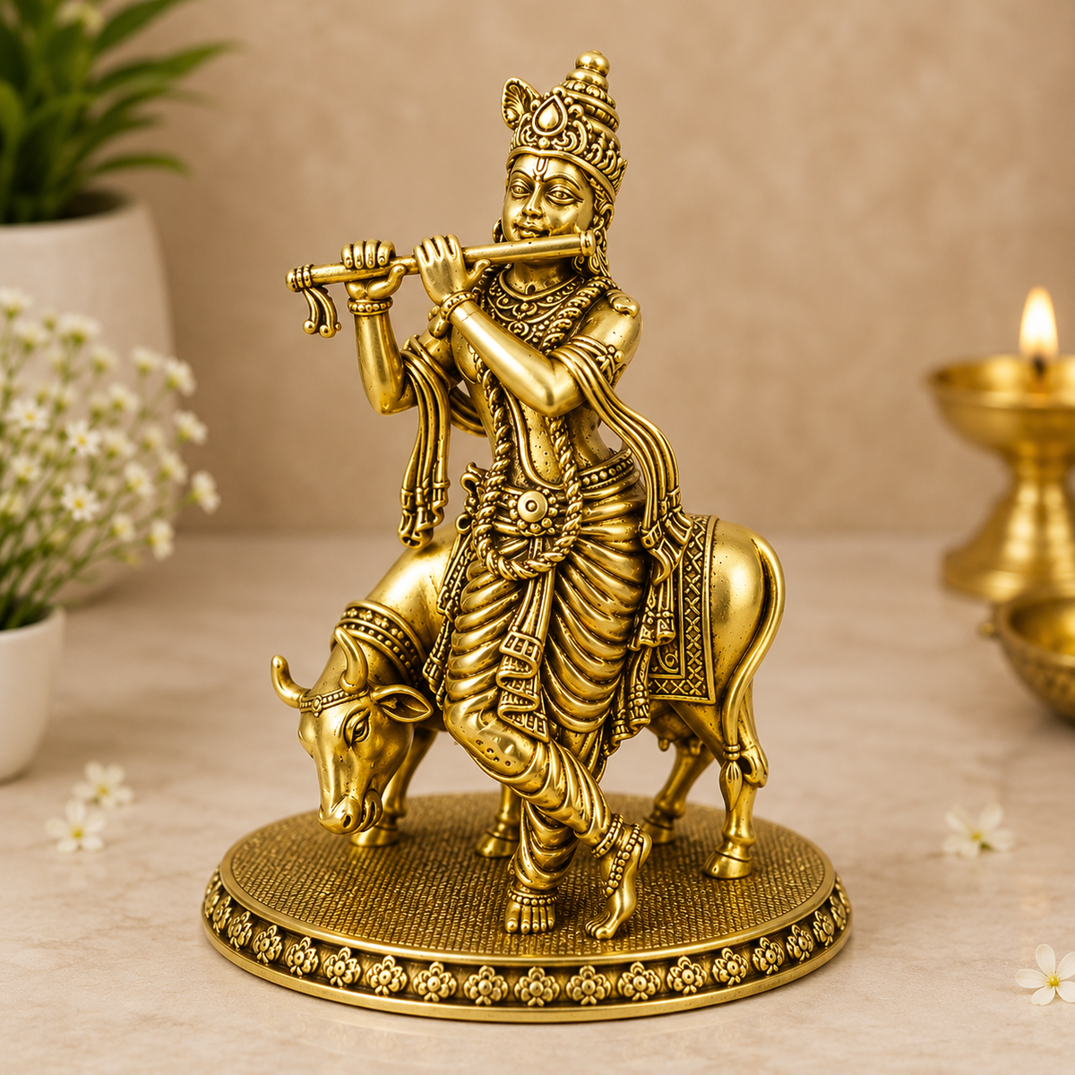 Golden Lord Krishna Ji Idol with Cow for Home Decor
