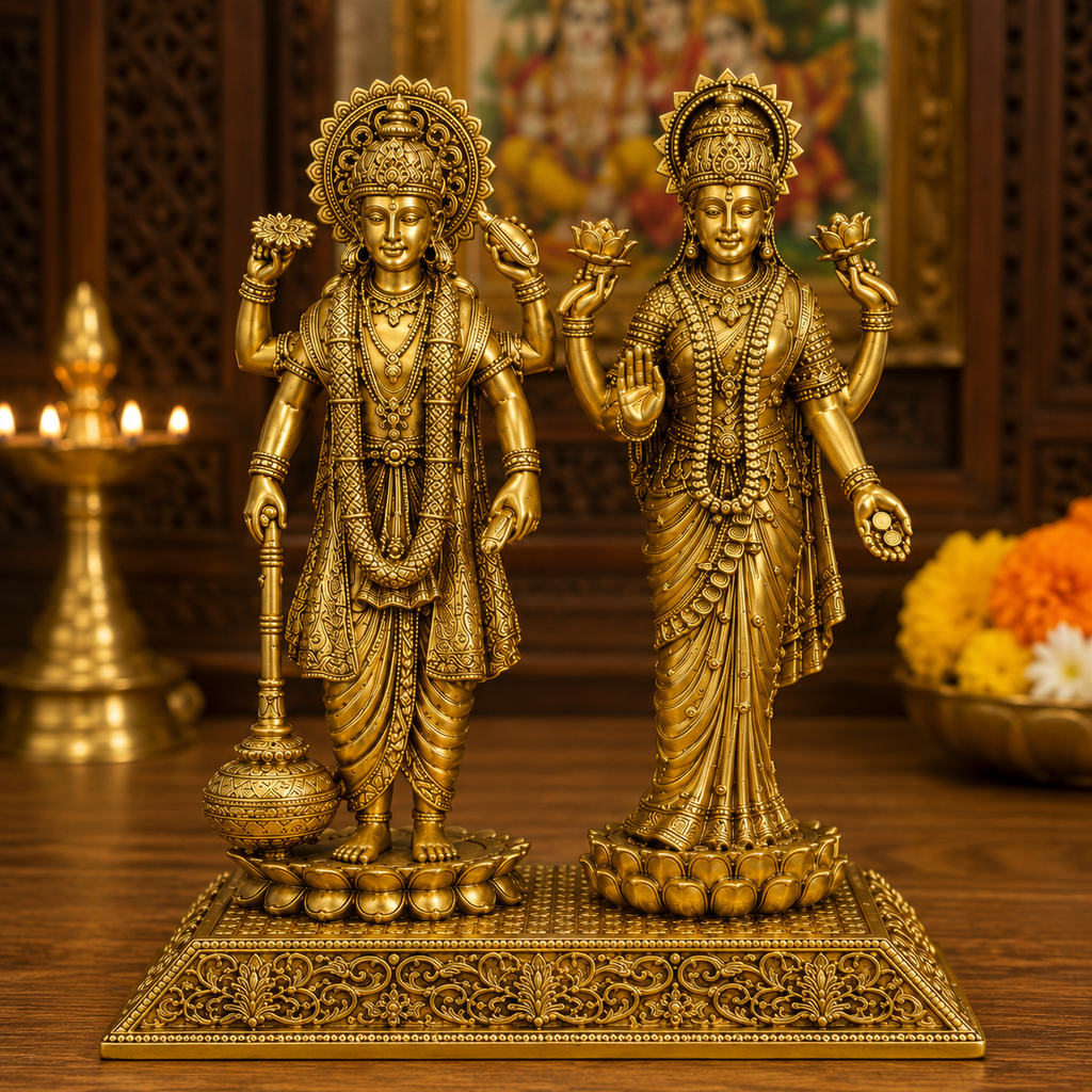 Lord Vishnu & Goddess Lakshmi Golden Idol Set