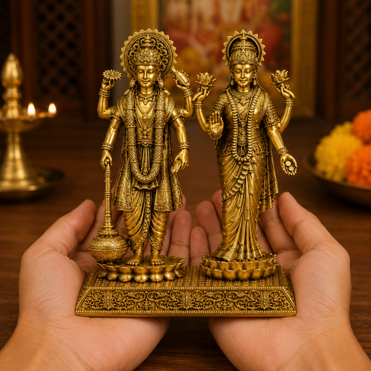 Lord Vishnu & Goddess Lakshmi Golden Idol Set
