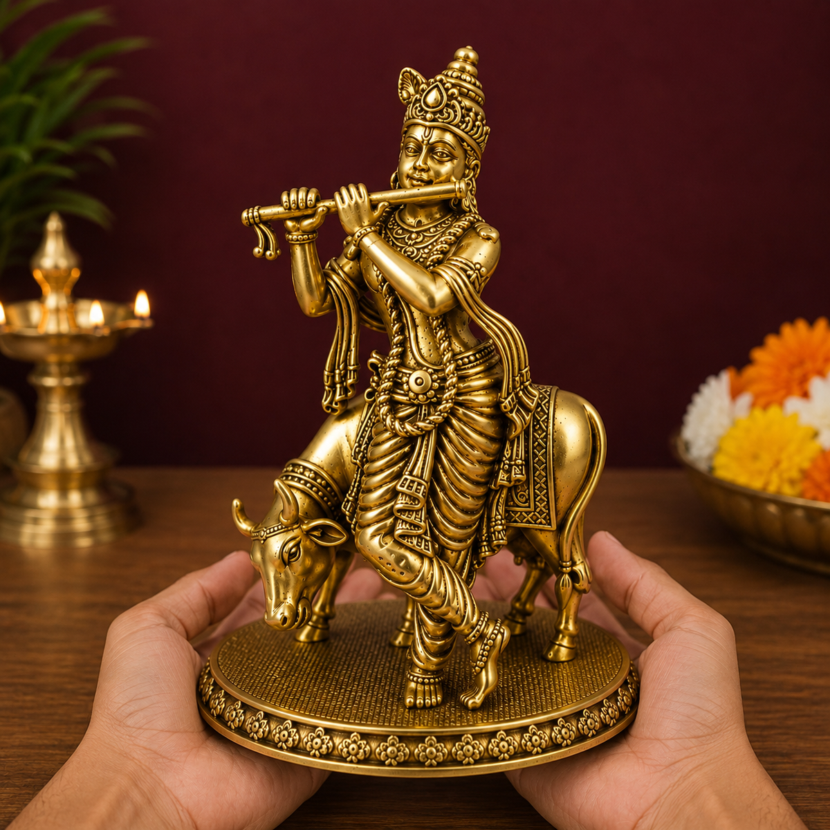 Golden Lord Krishna Ji Idol with Cow for Home Decor
