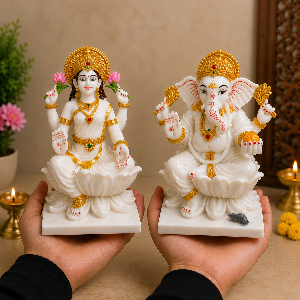 White and Gold Lakshmi Ganesh Decorative Idol Set