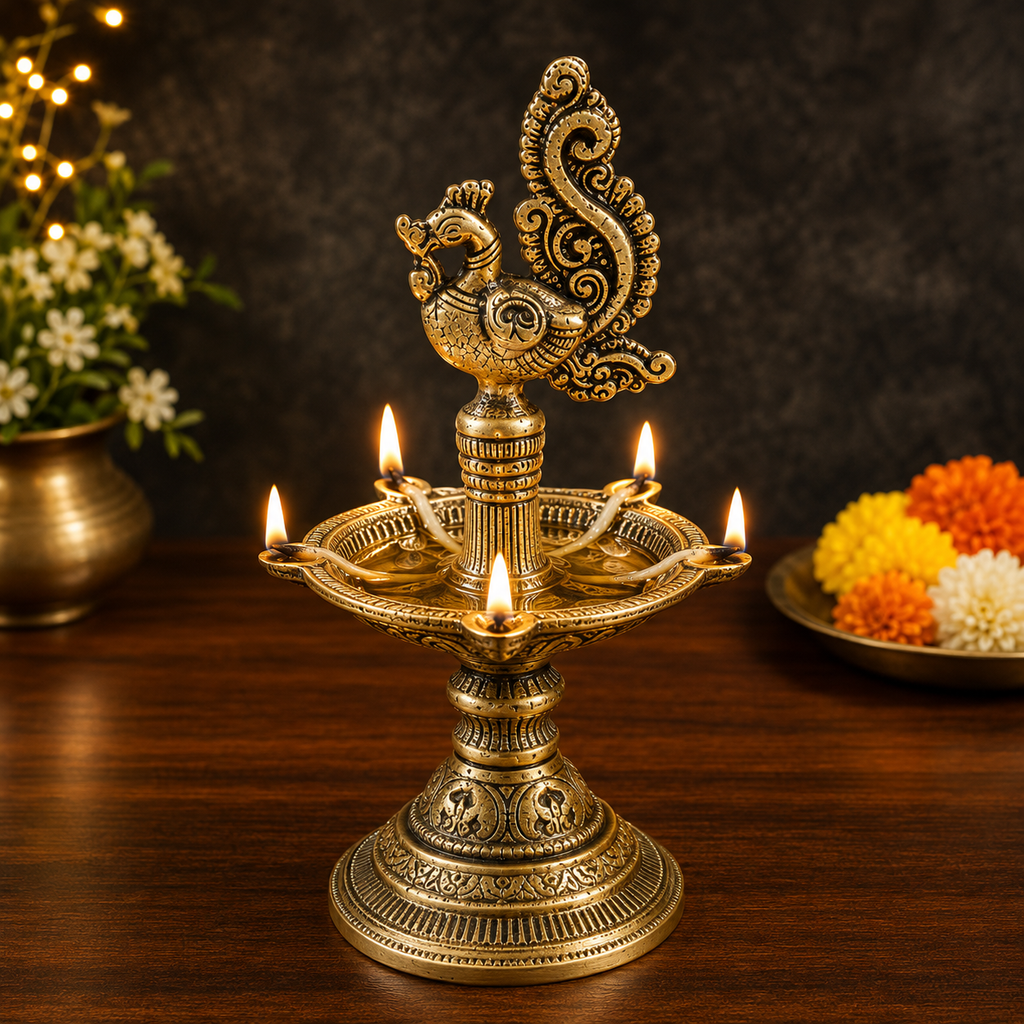 Golden Peacock Oil Diya Lamp for Home Temple Decor
