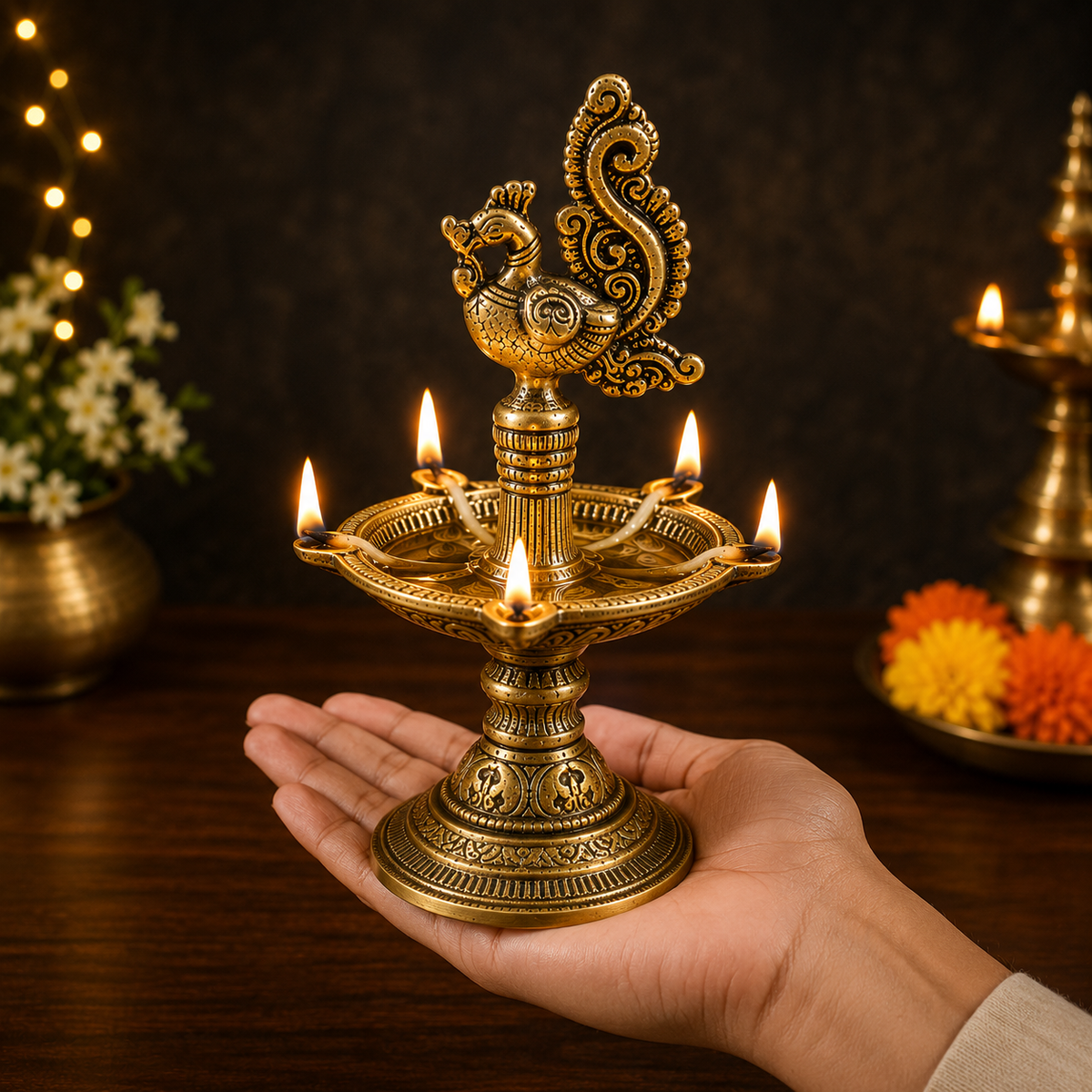 Golden Peacock Oil Diya Lamp for Home Temple Decor