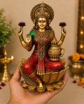 Goddess Lakshmi Ji Red and Golden Lotus Idol for Home Decor