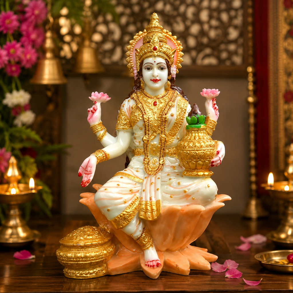 Goddess Lakshmi Ji White and Gold Lotus Idol for Home Decor