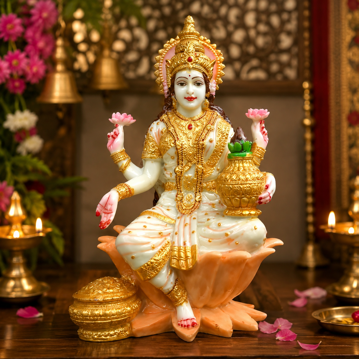Goddess Lakshmi Ji White and Gold Lotus Idol for Home Decor