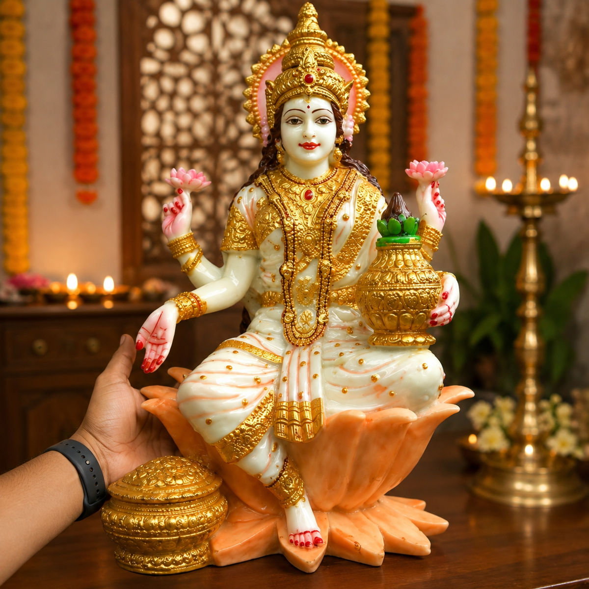 Goddess Lakshmi Ji White and Gold Lotus Idol for Home Decor