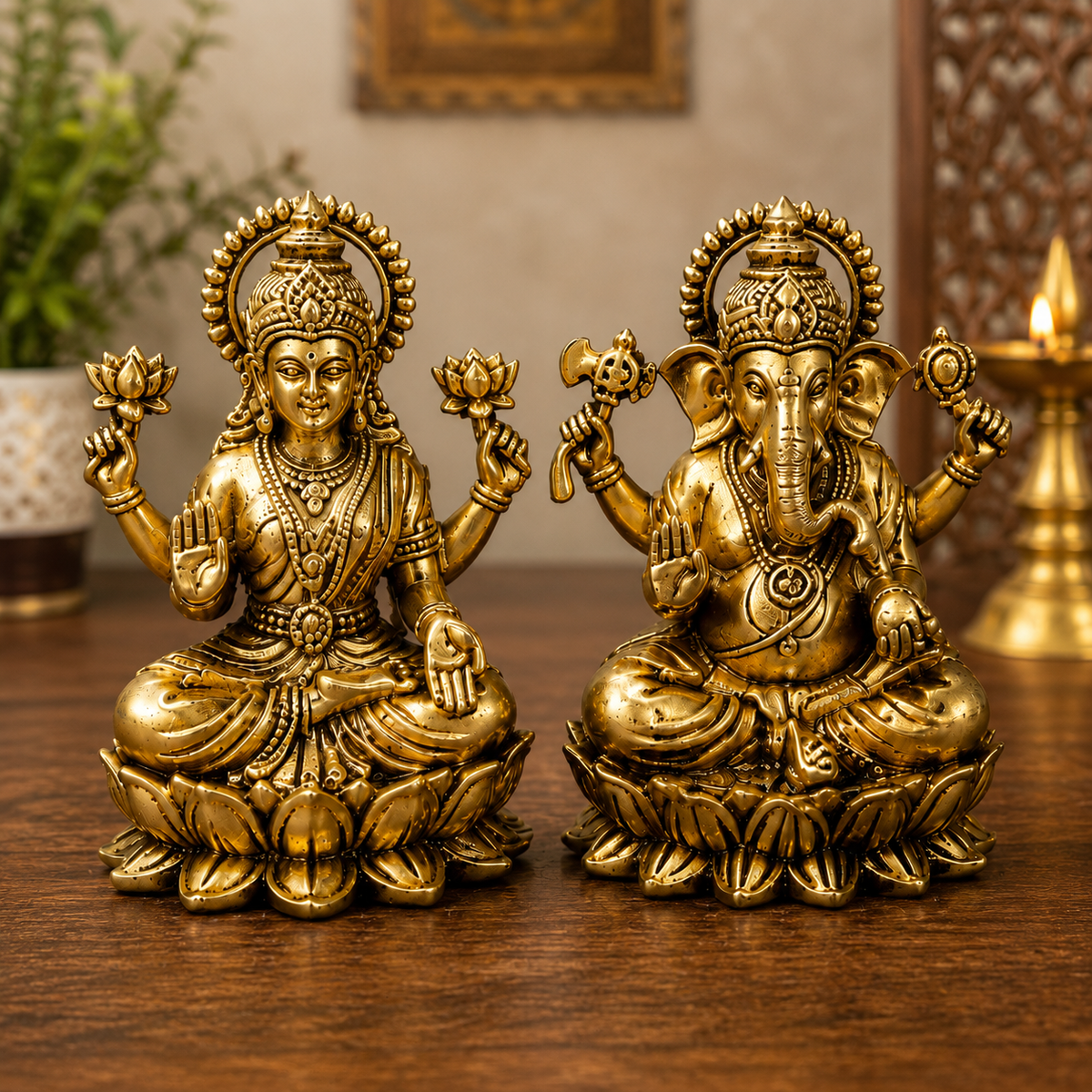 Golden Lakshmi Ganesh Ji Idol Set for Home Temple Decor