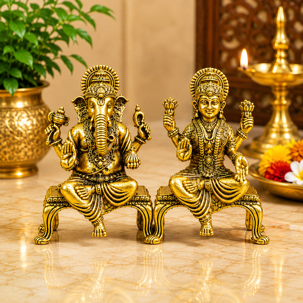 Golden Ganesh Lakshmi Idol Set for Home Puja