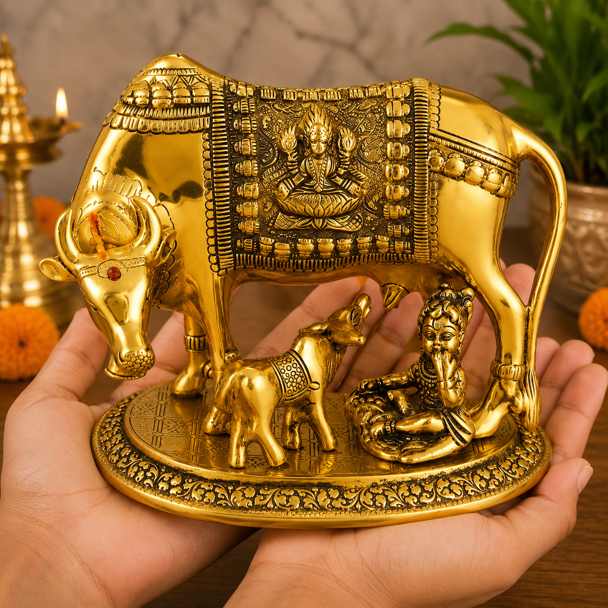 Brass Finish Kamdhenu Cow with Calf Idol for Home Temple