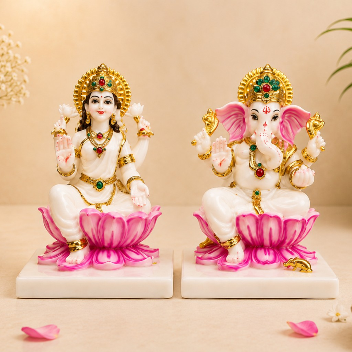 Lakshmi Ganesh Ji Pink Lotus Idol Set for Home Decor