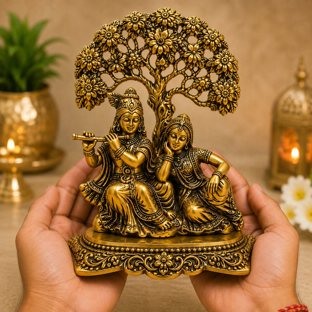 Golden Radha Krishna Idol Under Floral Tree