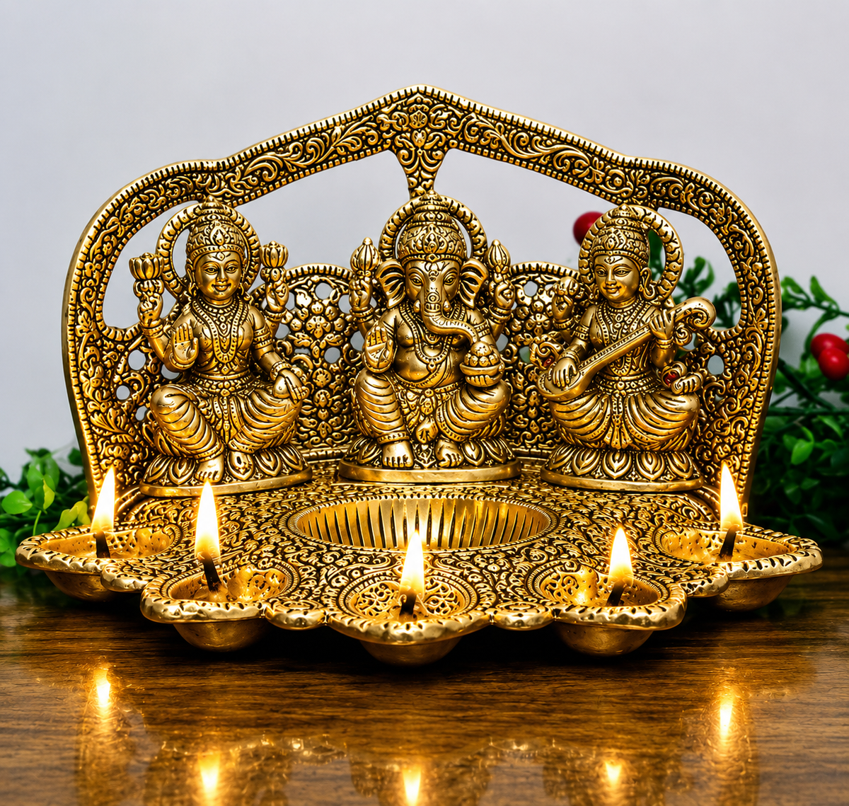 Golden Lakshmi Ganesh Saraswati Diya Pooja Stand