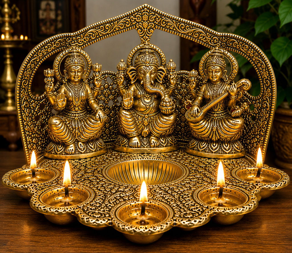 Golden Lakshmi Ganesh Saraswati Diya Pooja Stand
