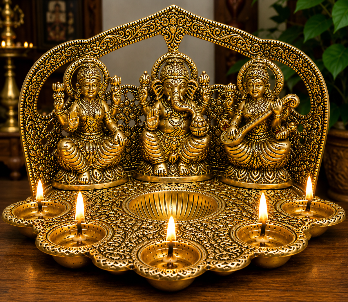 Golden Lakshmi Ganesh Saraswati Diya Pooja Stand