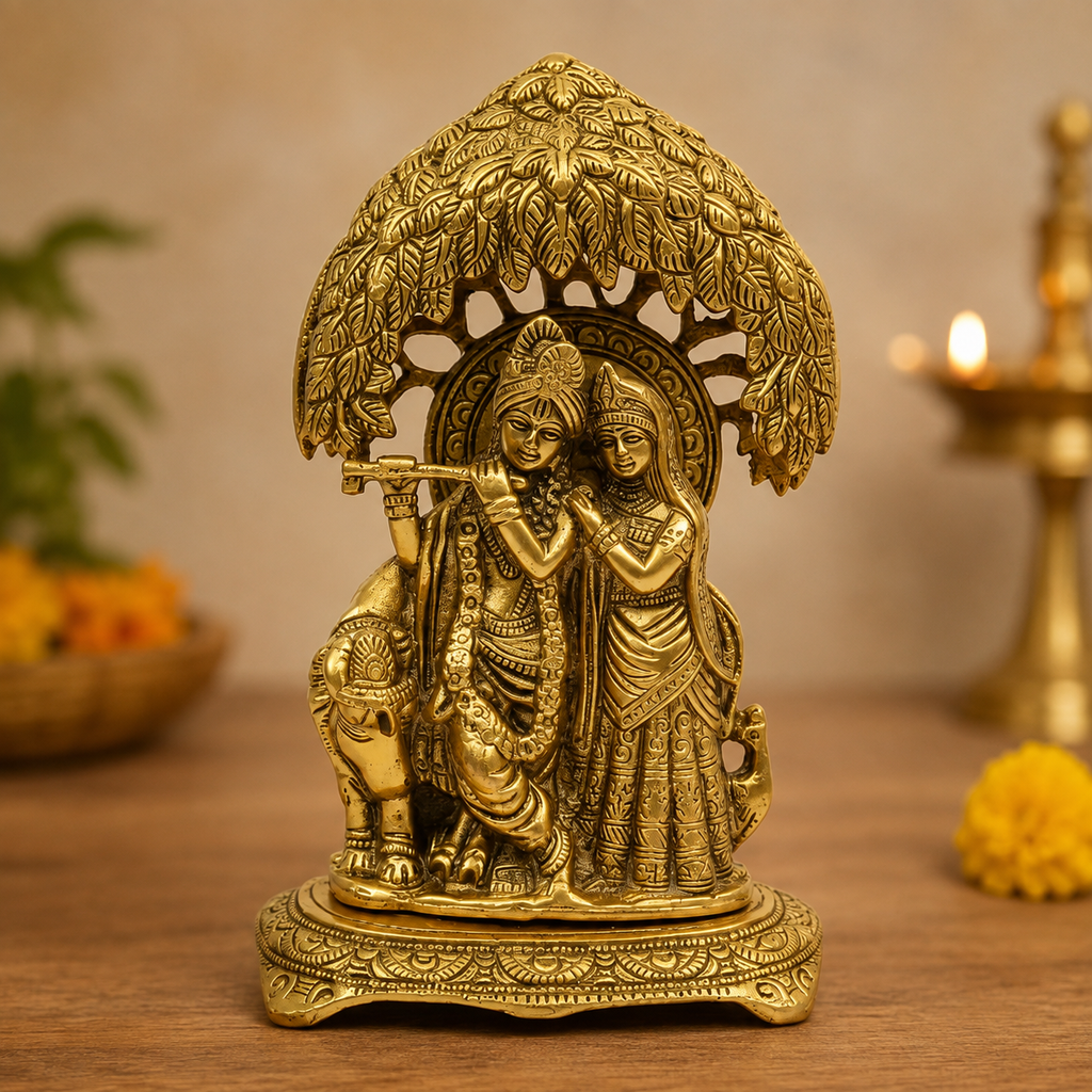 Golden Radha Krishna Under Tree Decorative Idol