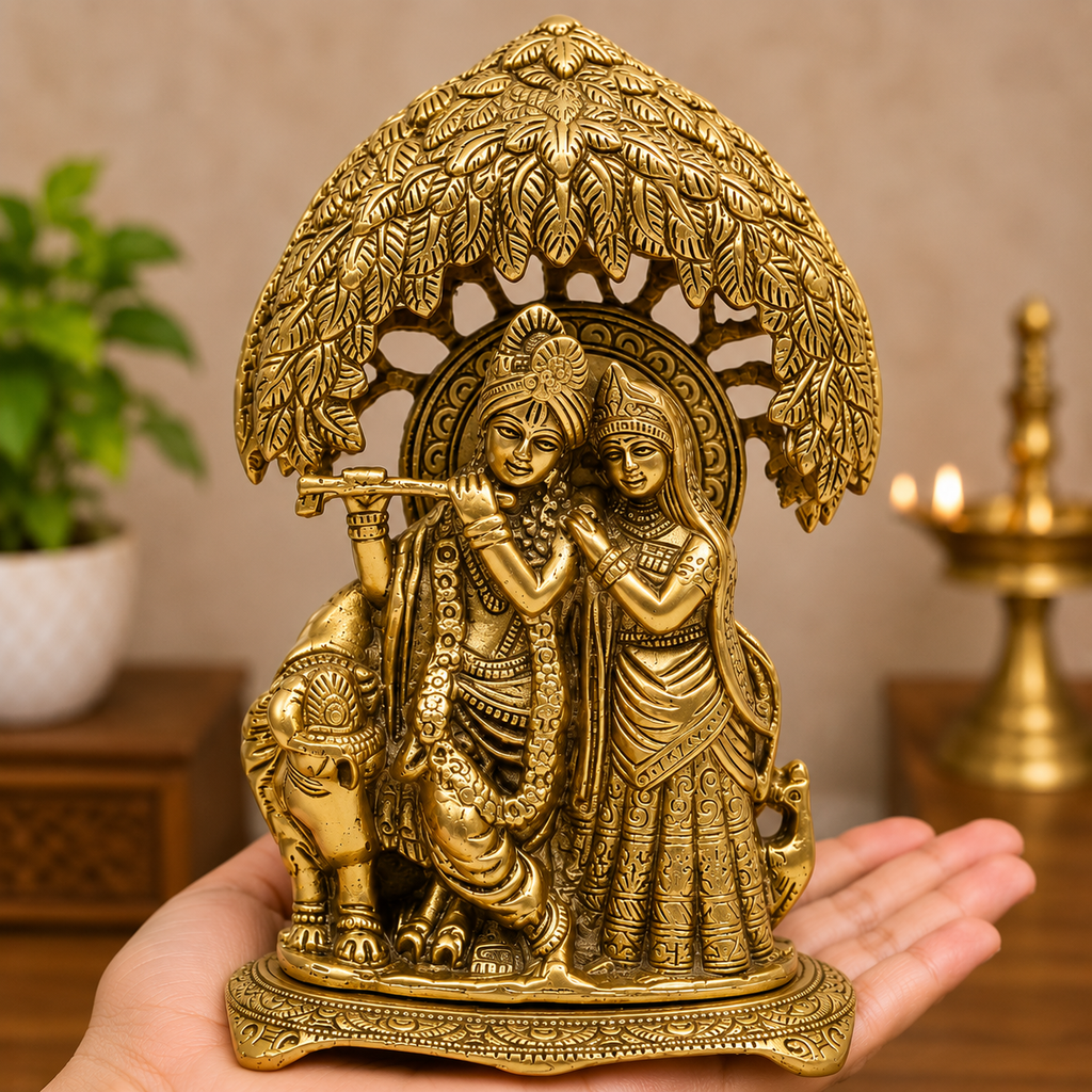 Golden Radha Krishna Under Tree Decorative Idol