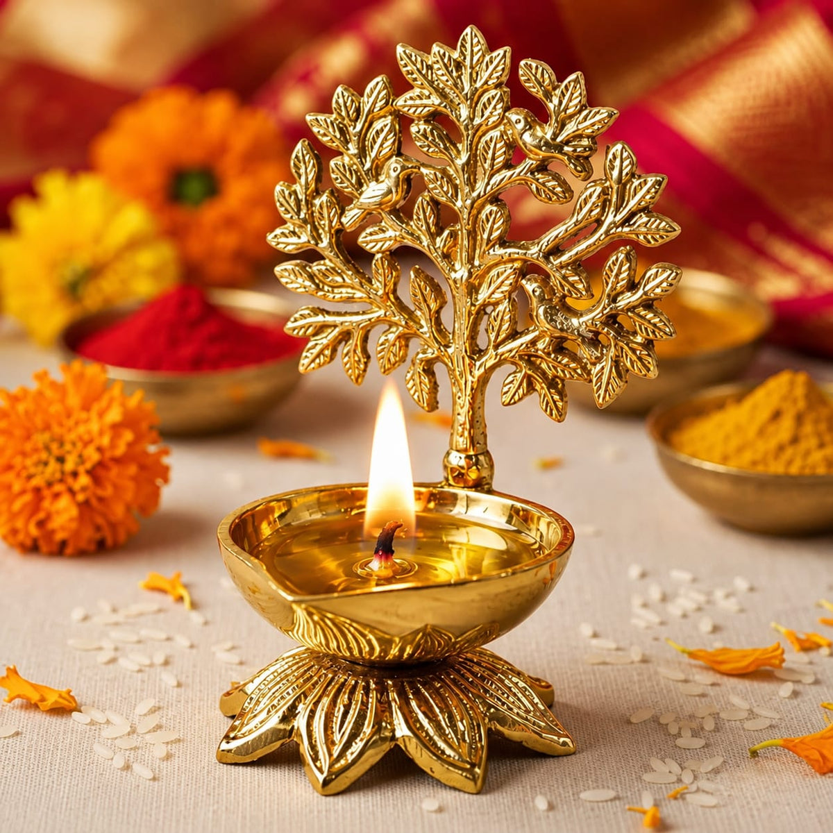 Golden Tree of Life Brass Diya for Home Decor