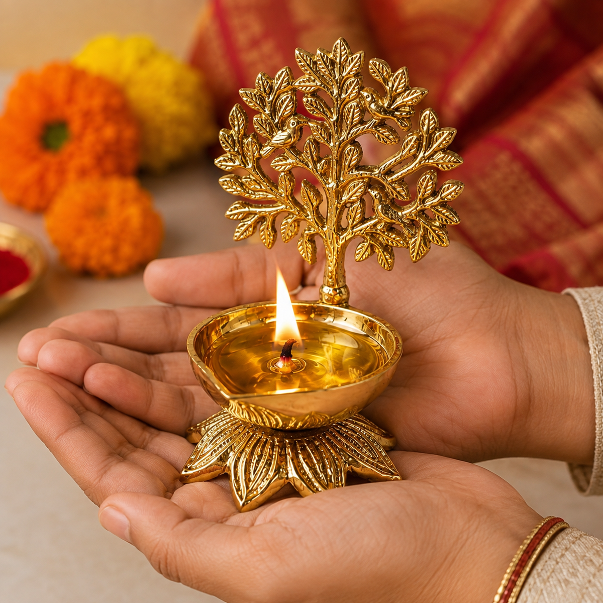 Golden Tree of Life Brass Diya for Home Decor