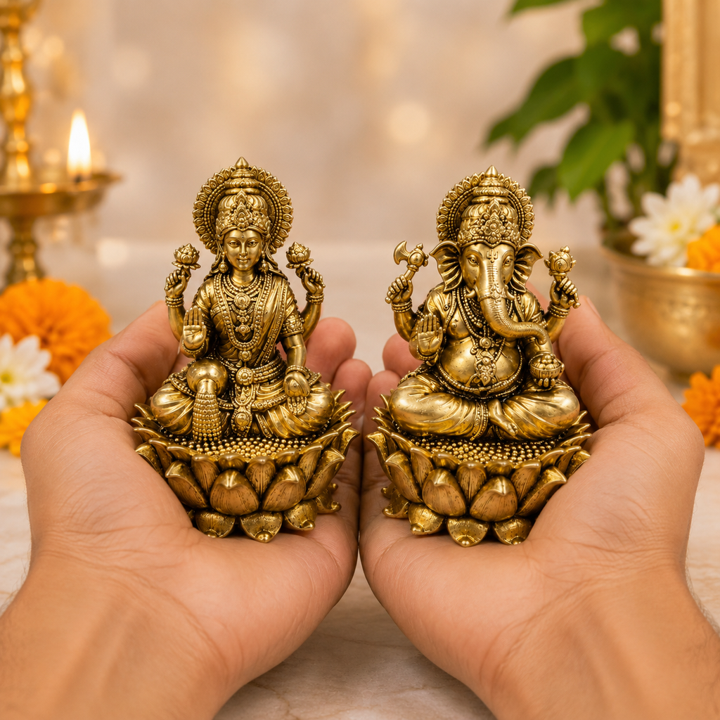 Brass Lakshmi Ganesh Idol Set on Lotus – Antique Gold