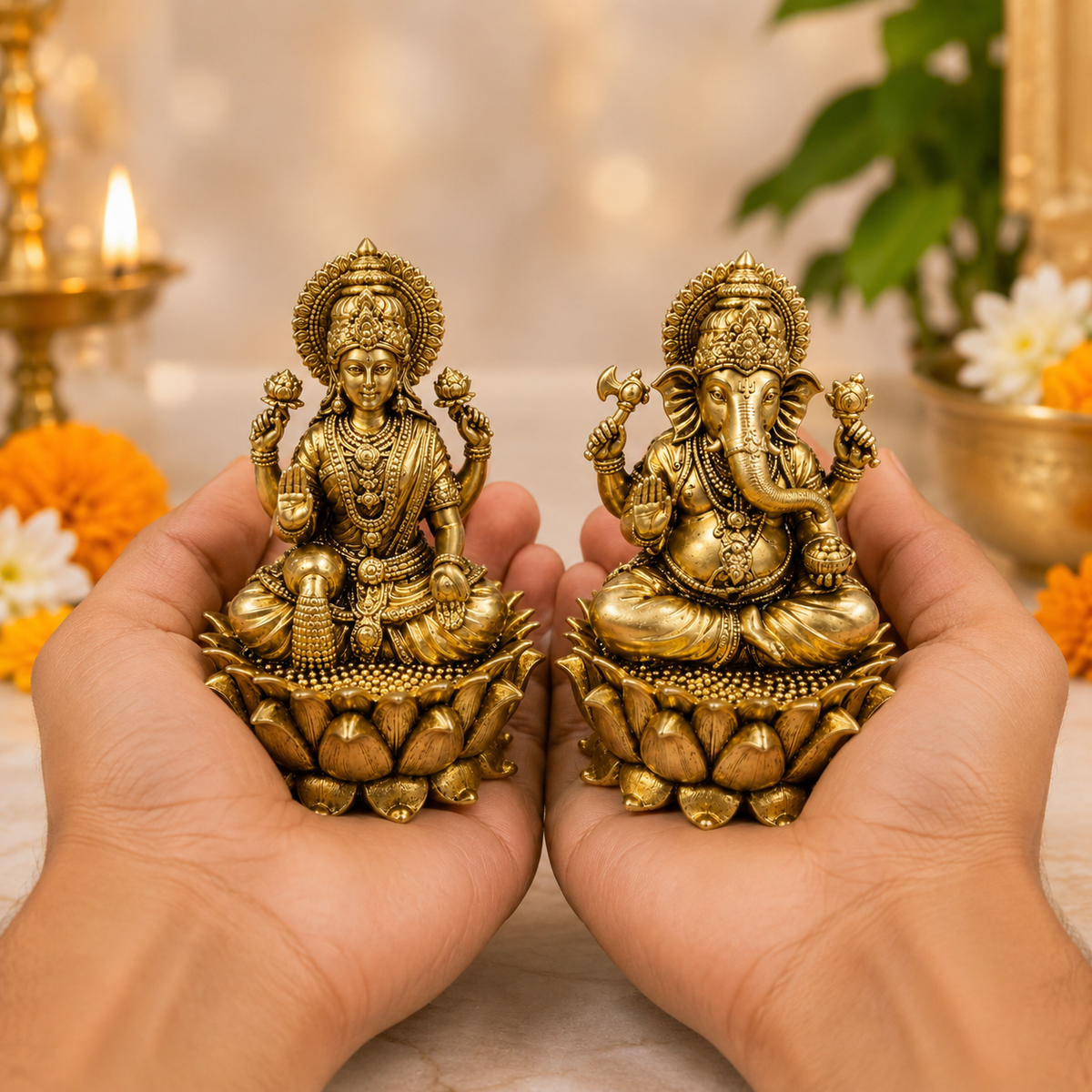 Brass Lakshmi Ganesh Idol Set on Lotus – Antique Gold