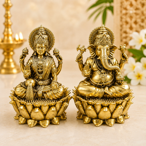 Brass Lakshmi Ganesh Idol Set on Lotus – Antique Gold