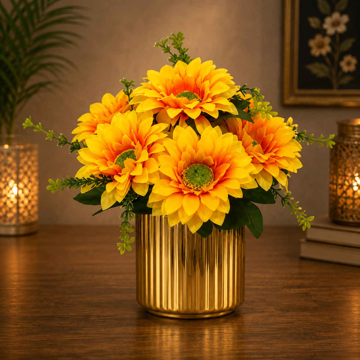 Premium Golden Vase with Yellow Sunflower Bouquet