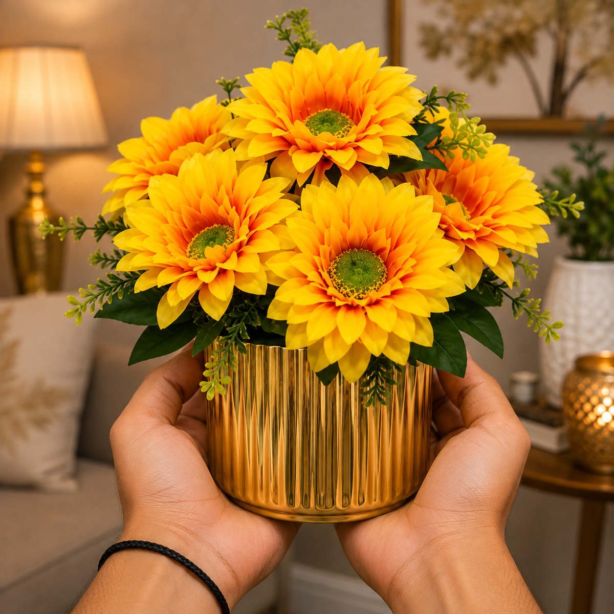 Premium Golden Vase with Yellow Sunflower Bouquet