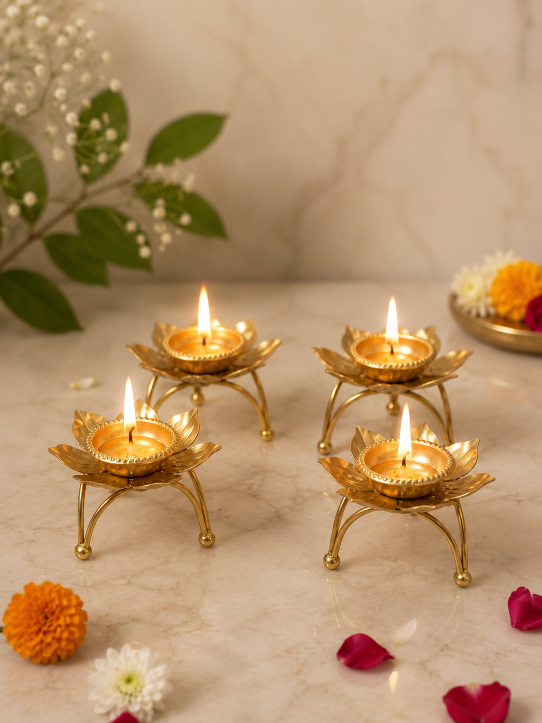 Golden Lotus Diya Holders Set of 4 for Home Decor