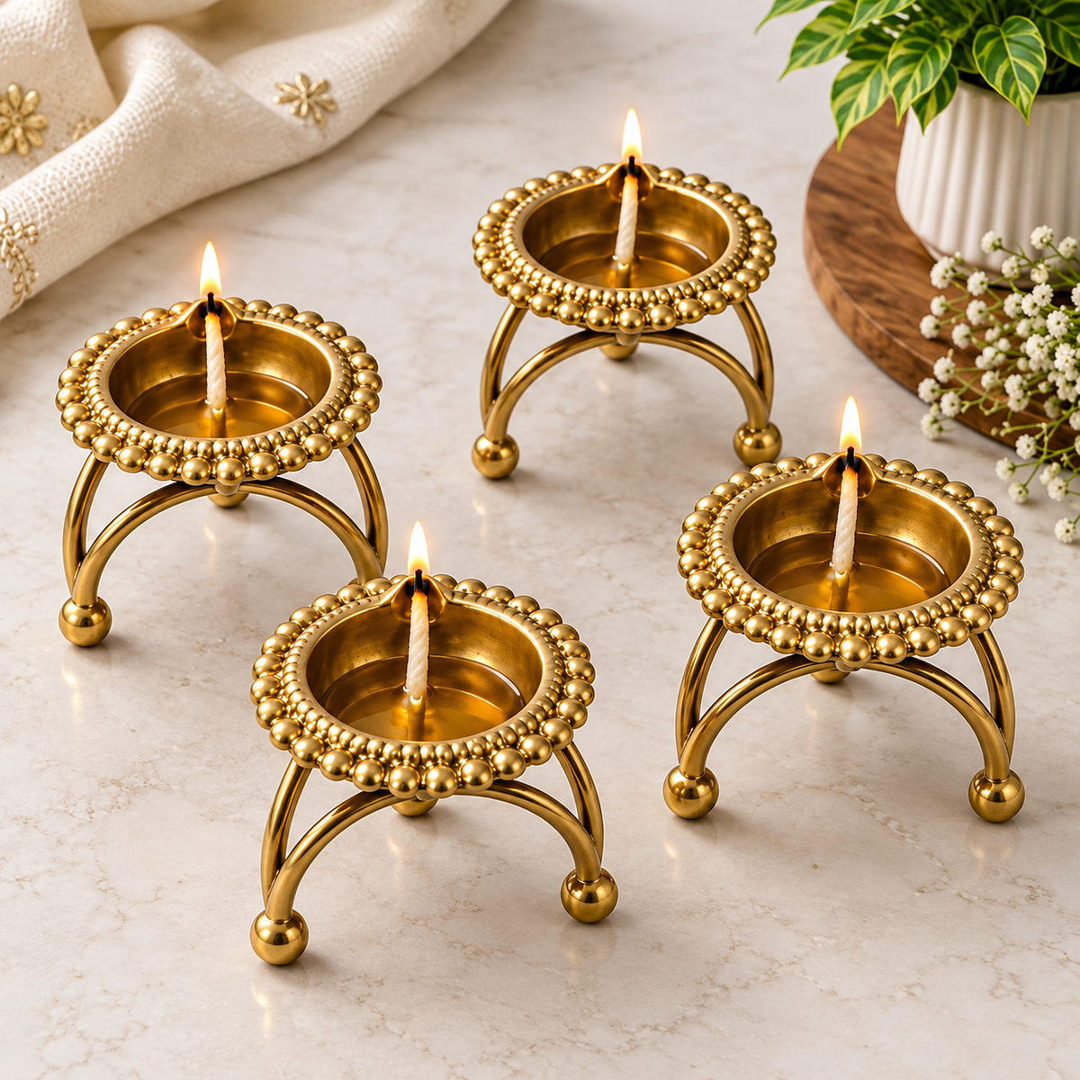 Elegant Brass Tealight Candle Holders – Set of 4