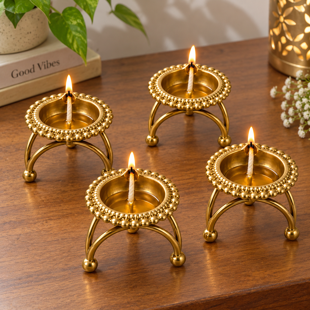 Elegant Brass Tealight Candle Holders – Set of 4