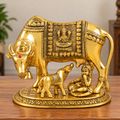 Brass Finish Kamdhenu Cow with Calf Idol for Home Temple