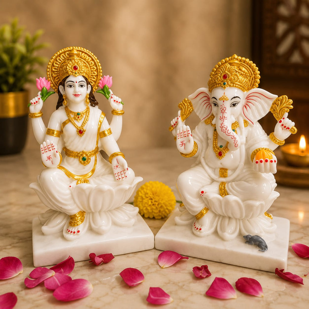 White and Gold Lakshmi Ganesh Decorative Idol Set
