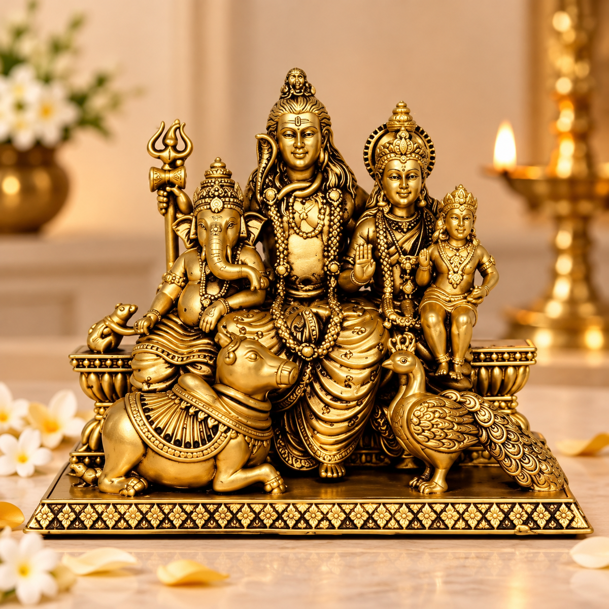 Golden Shiva Parvati Family Decorative Idol