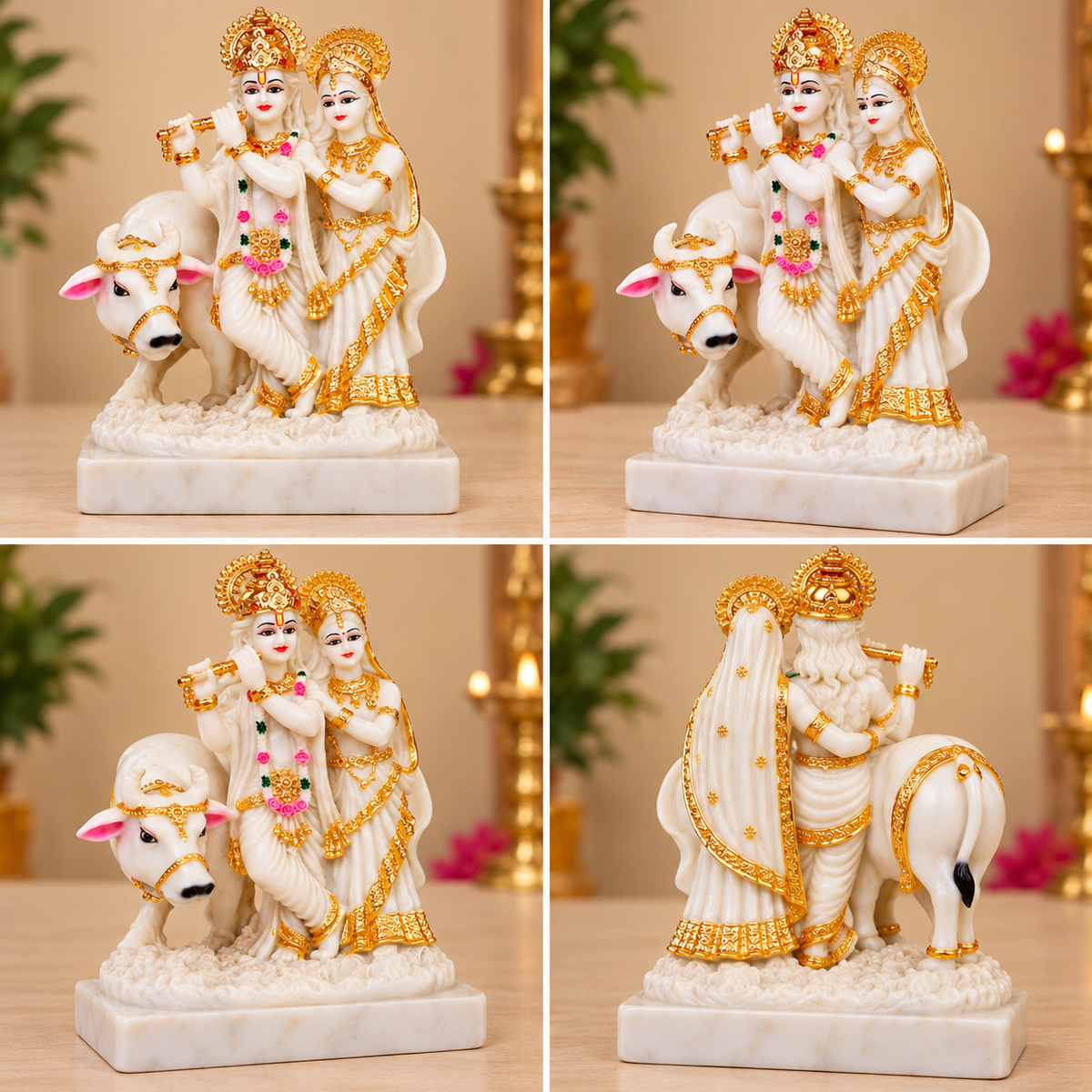 White and Gold Radha Krishna with Cow Idol