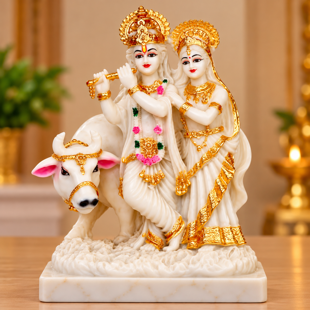 White and Gold Radha Krishna with Cow Idol