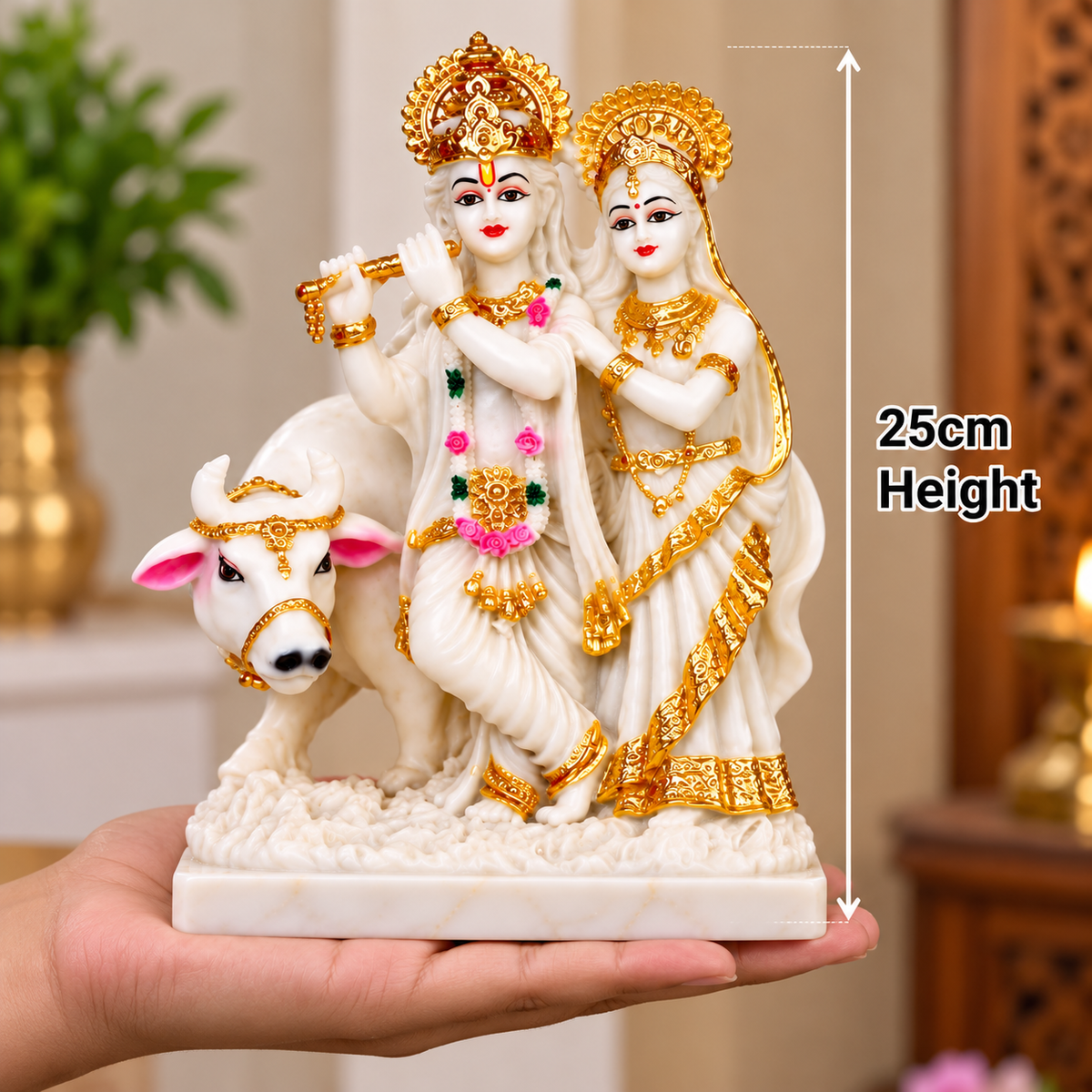 White and Gold Radha Krishna with Cow Idol