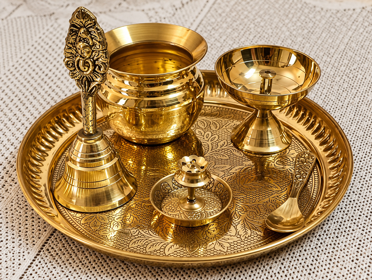 Traditional Brass Puja Thali Set with Kalash & Diya