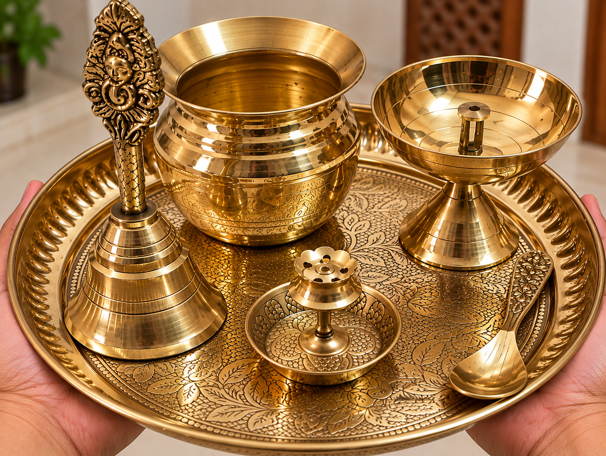 Traditional Brass Puja Thali Set with Kalash & Diya