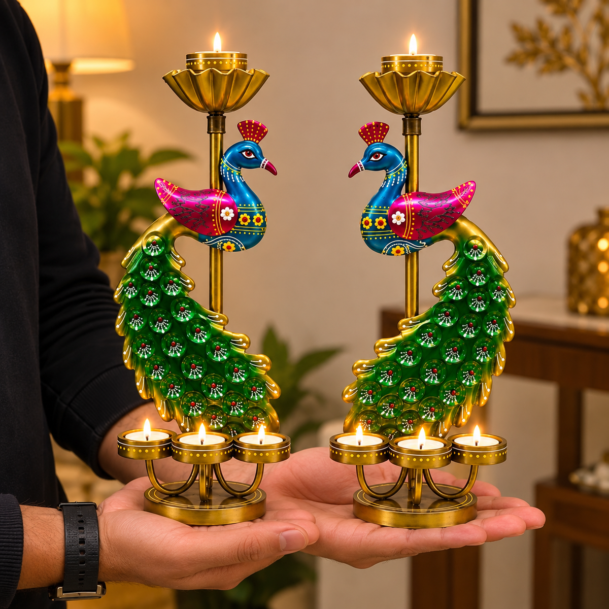 Premium Peacock Diya Candle Holder Set of 2
