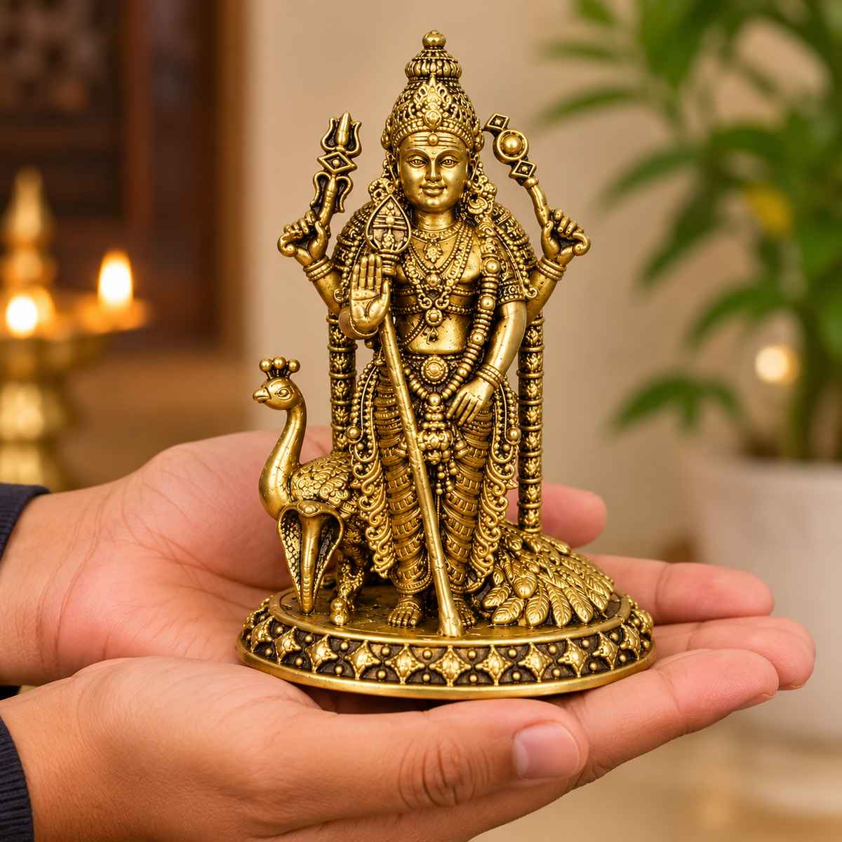 Lord Murugan Brass Idol with Peacock