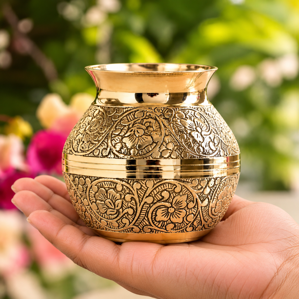 Antique Golden Engraved Brass Lota for Puja
