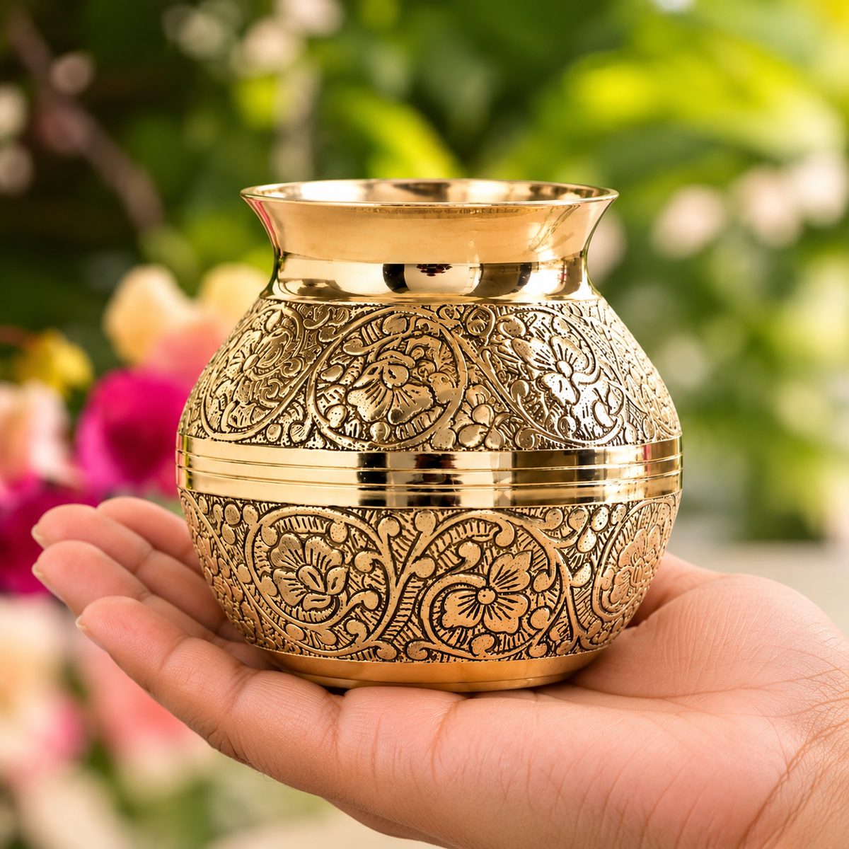 Antique Golden Engraved Brass Lota for Puja