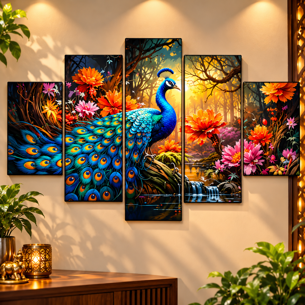 5-Piece Blue Peacock Wall Art for Home Decor