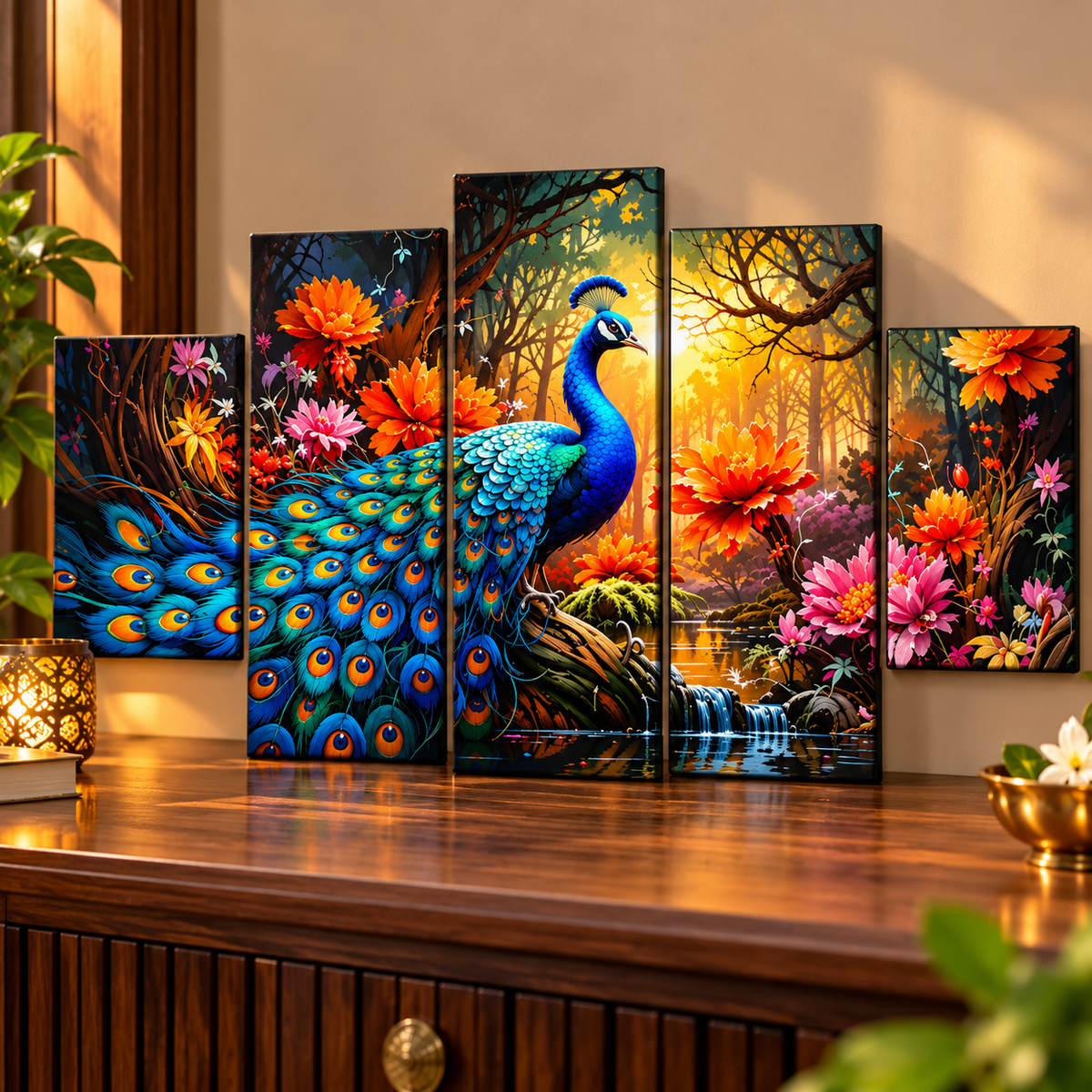 5-Piece Blue Peacock Wall Art for Home Decor
