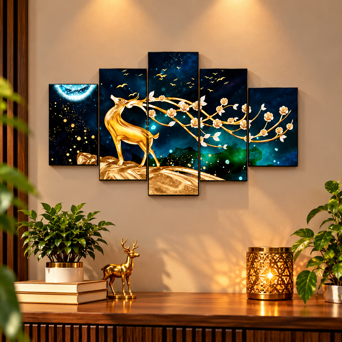 Golden Deer 5 Panel Wall Art for Home Decor