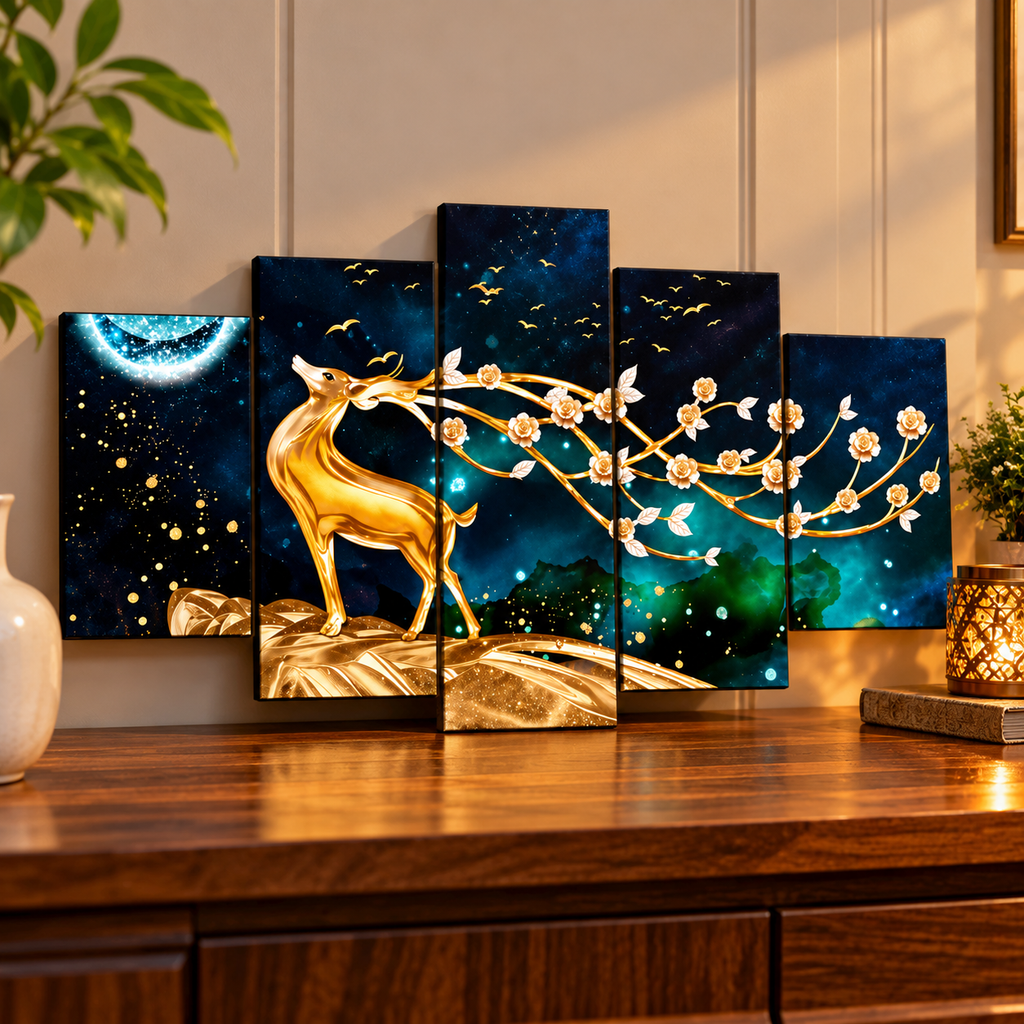 Golden Deer 5 Panel Wall Art for Home Decor