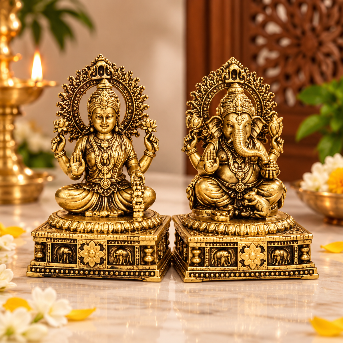 Antique Gold Lakshmi Ganesha Idol Set for Home Decor