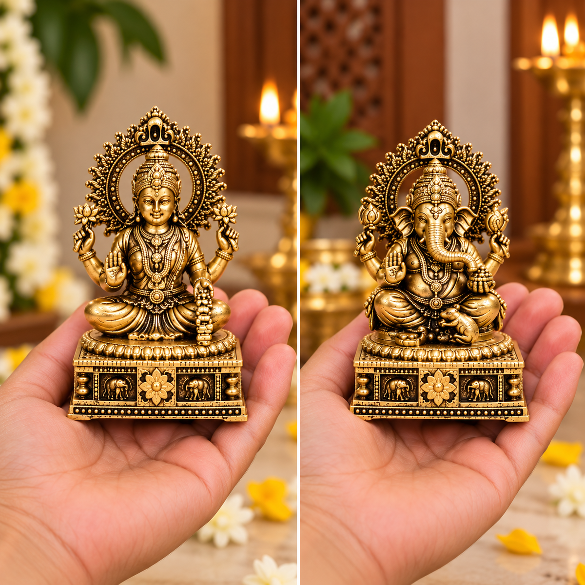 Antique Gold Lakshmi Ganesha Idol Set for Home Decor
