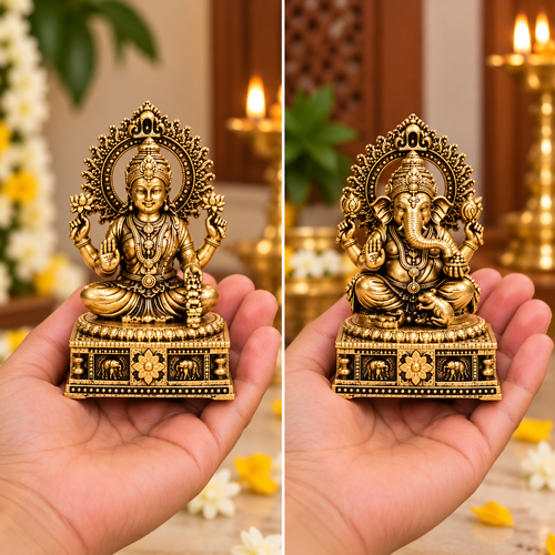 Antique Gold Lakshmi Ganesha Idol Set for Home Decor
